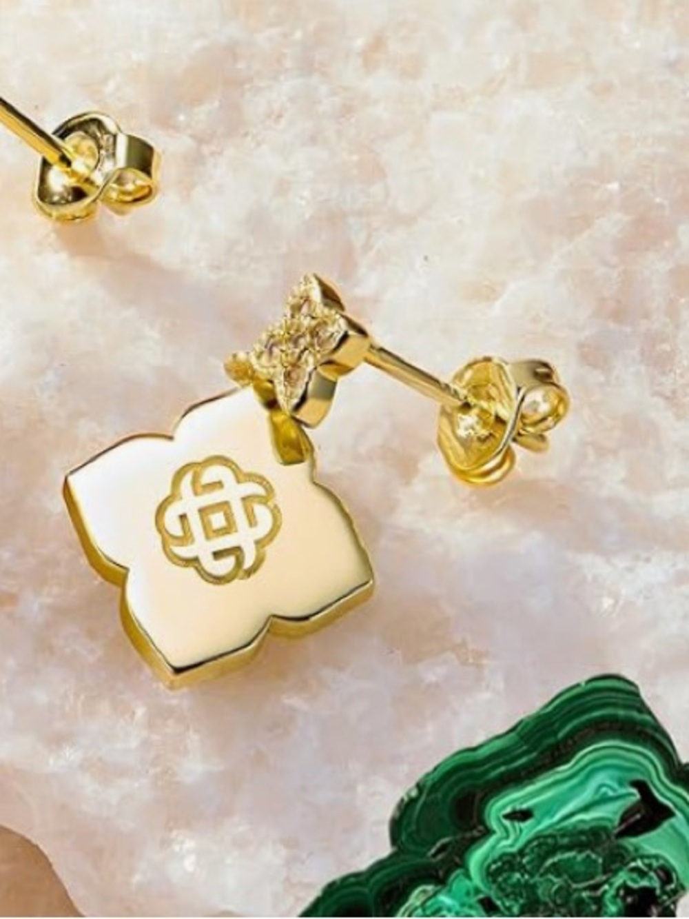 Anthropologie Gold-Tone Drop Earrings with Green Striped Clover Motifs - Picture 5 of 6